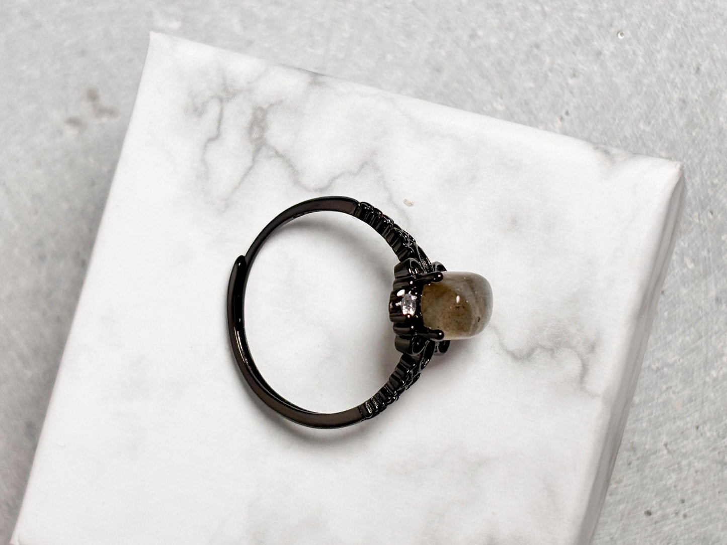 Vintage Retro Ring 925 Silber Ovaler Labradorit in Schwarz | Edelstein Schmuck Boho Stil