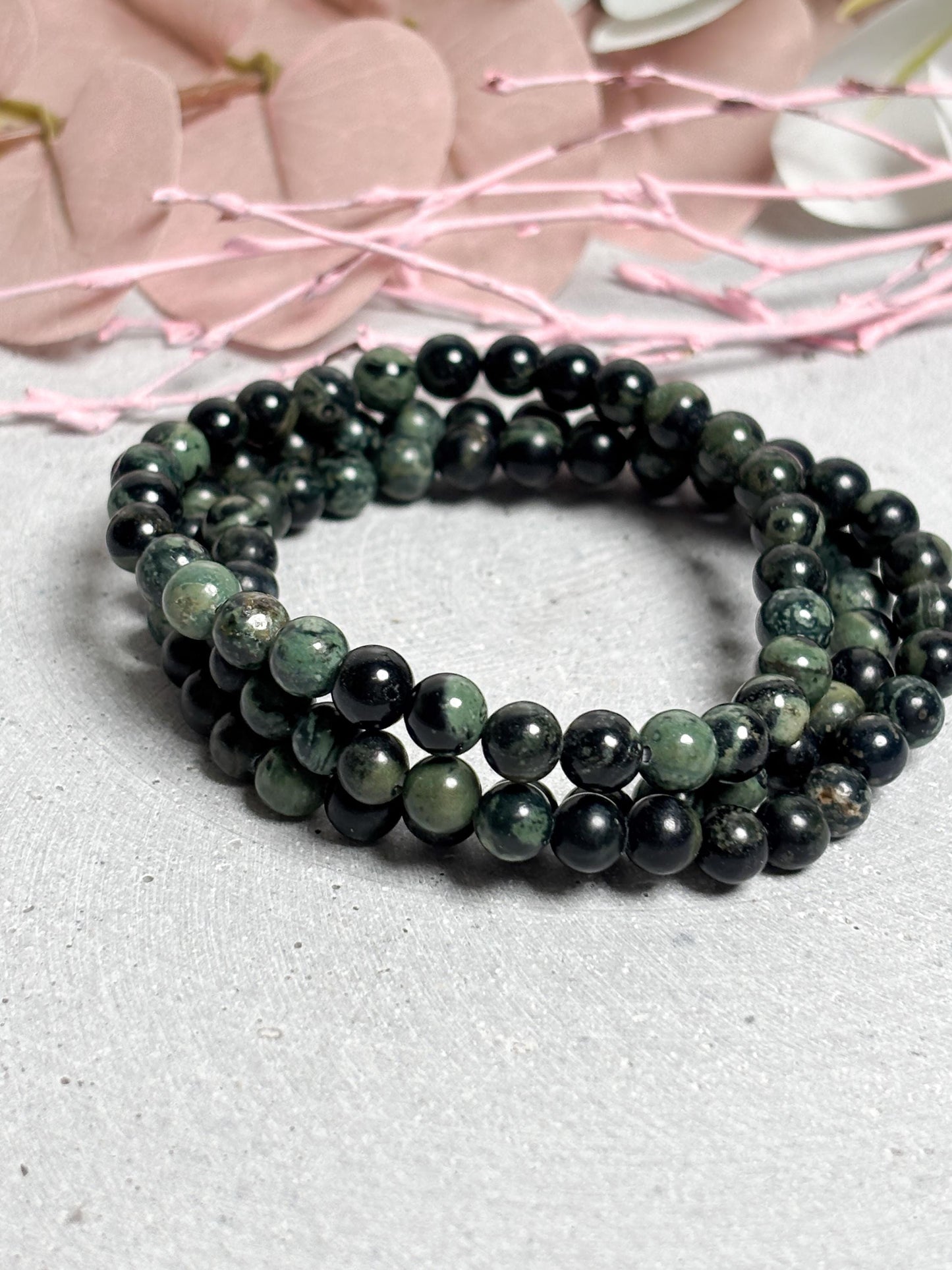 Kambaba Jaspis Perlenarmband 6mm Elastisch, Naturstein Armband grün, Heilstein Schmuck, Geschenk Idee