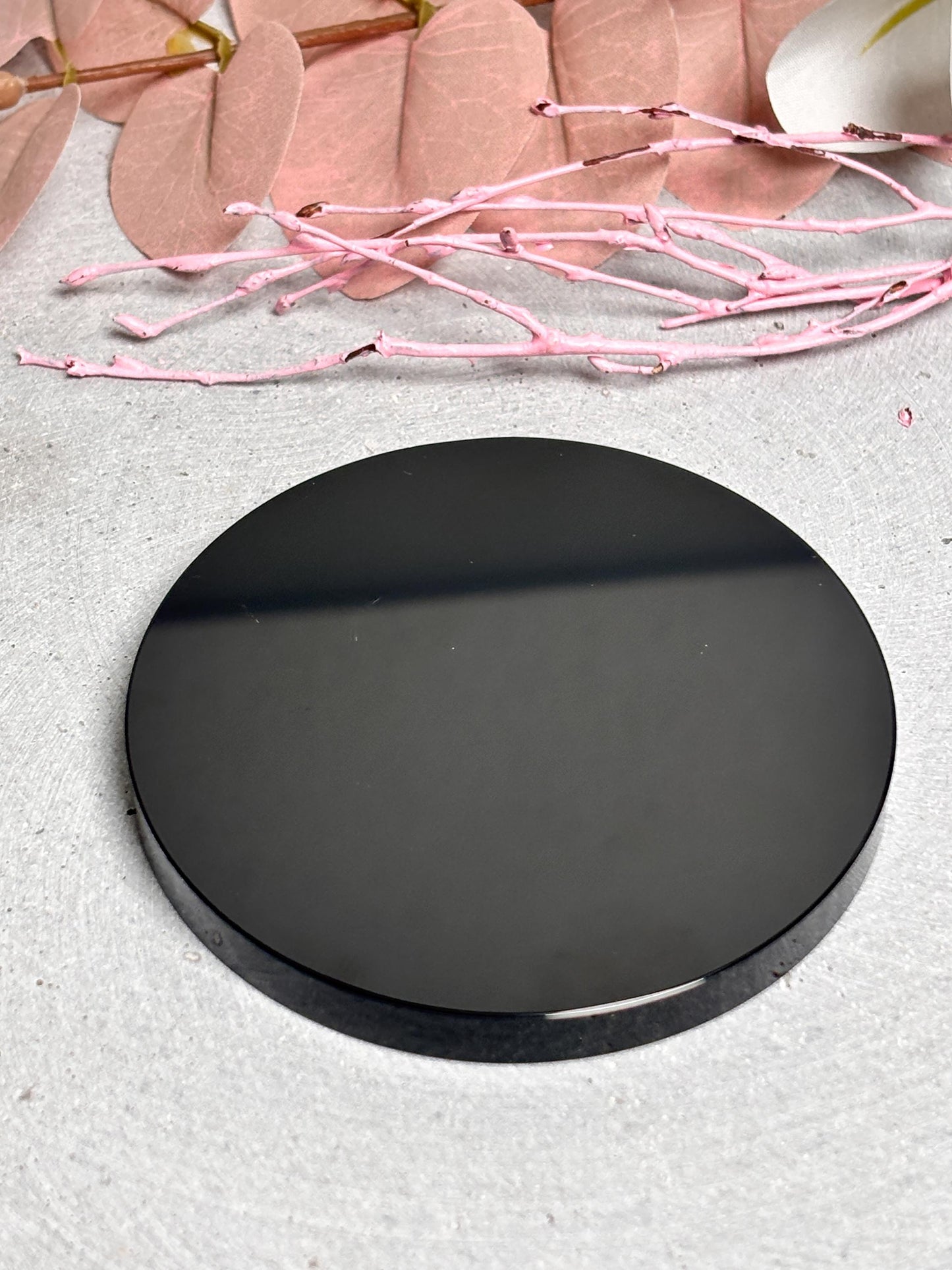 Glatte Obsidian Platte / Spiegel Größe ca. 8 cm Dekorative Energiestein Platte