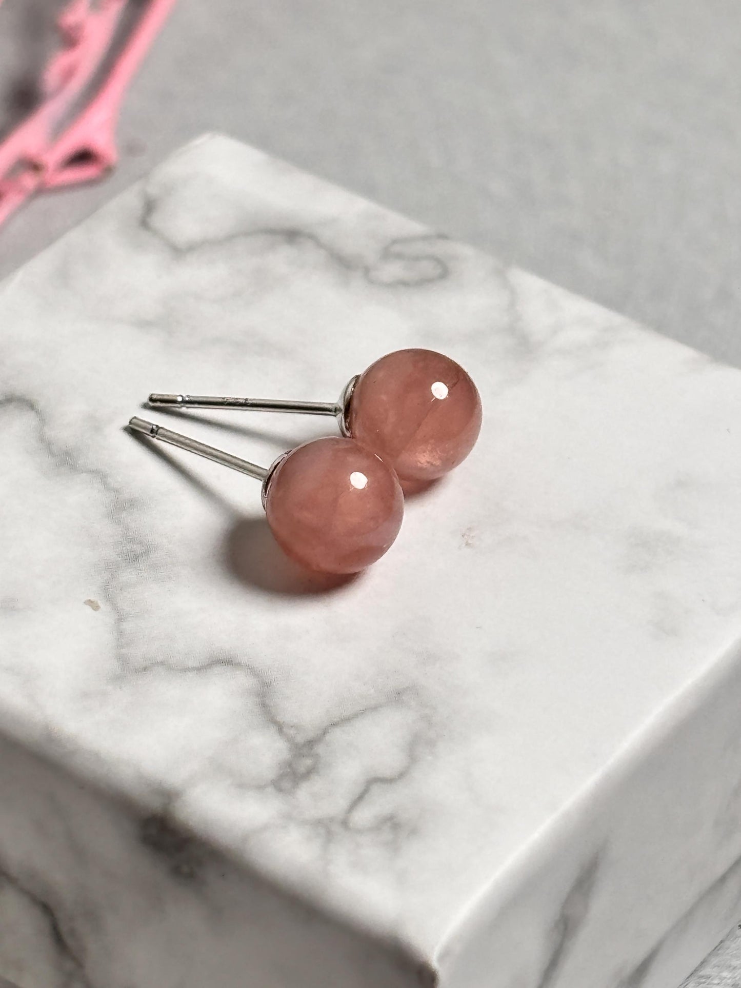 Erdbeerquarz Perlenohrstecker 6mm 925 Silber Steckernadel | Natürlicher Edelstein Ohrschmuck