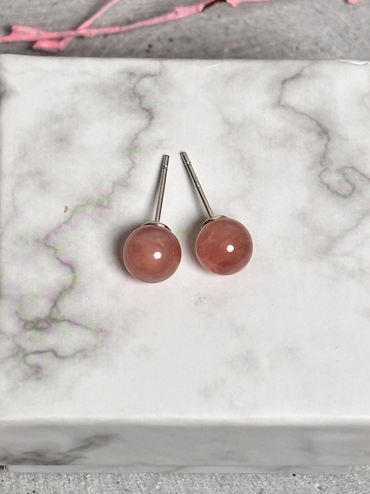 Erdbeerquarz Perlenohrstecker 6mm 925 Silber Steckernadel | Natürlicher Edelstein Ohrschmuck