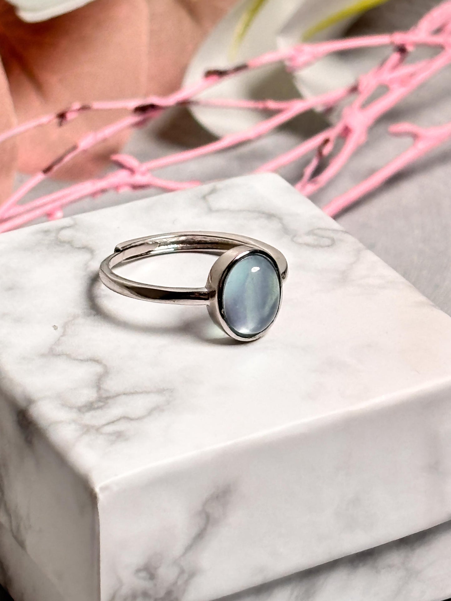 925 Silber Ring mit Ovalem Aquamarin Größenverstellbar Edelstein Schmuck für Damen