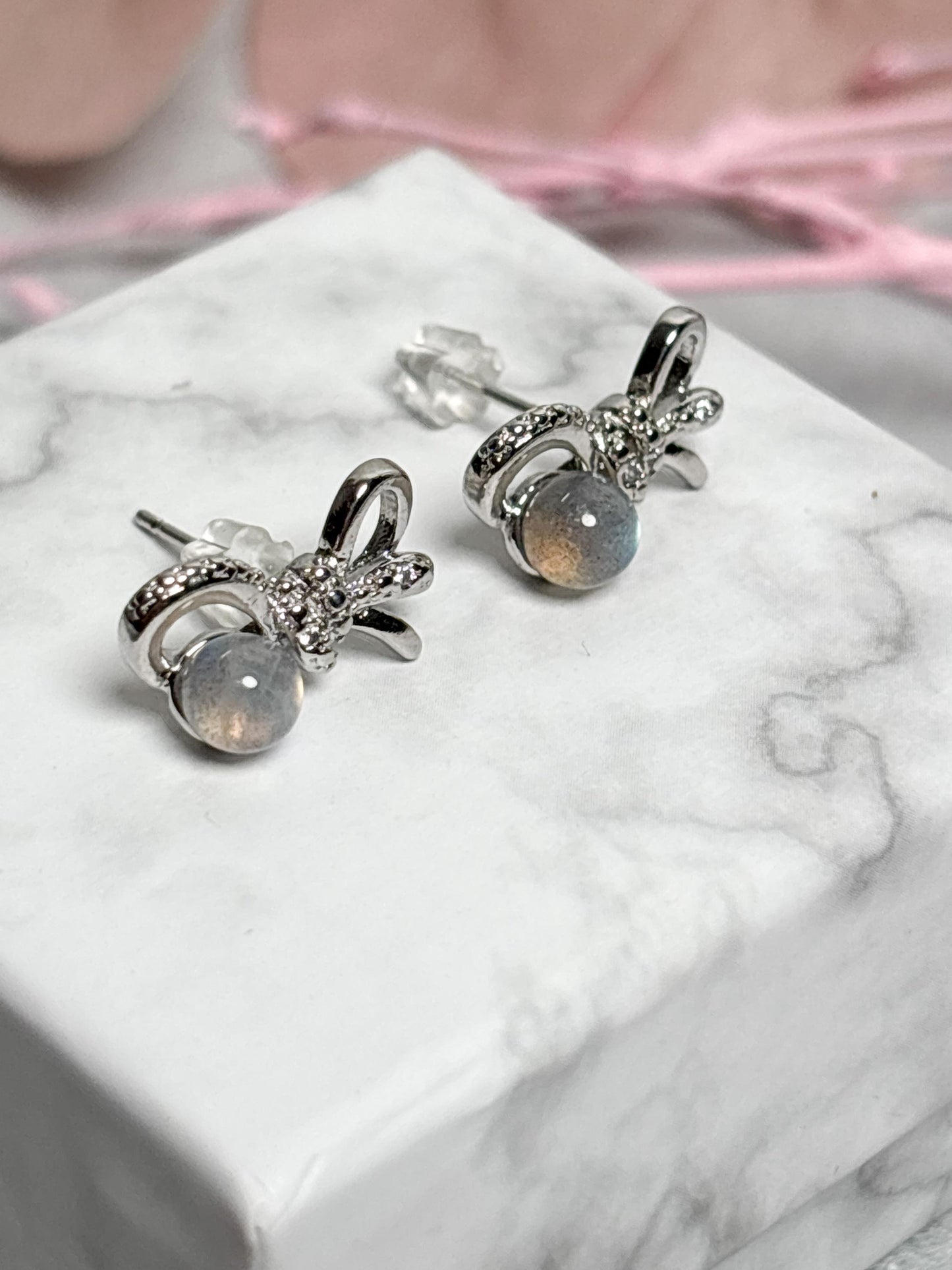 925 Silber Ohrstecker mit Labradorit Schleifchen Ohrringe | Edelstein Kugel Geschenkidee für Frauen