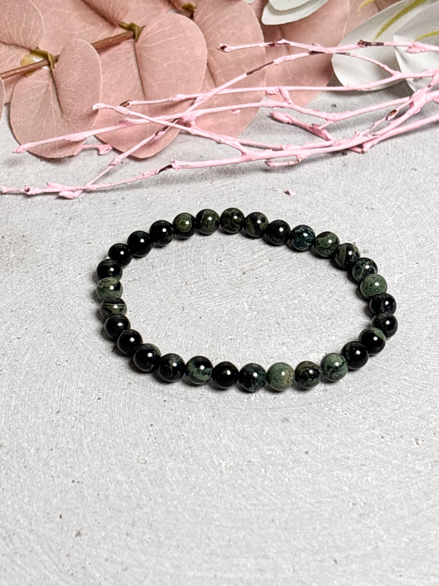 Kambaba Jaspis Perlenarmband 6mm Elastisch, Naturstein Armband grün, Heilstein Schmuck, Geschenk Idee