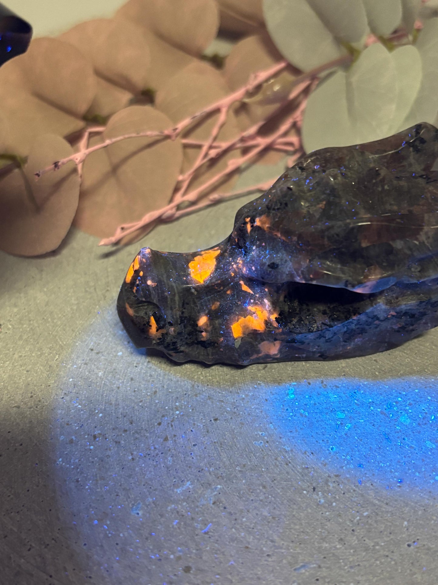 Yooperlite Drachenkopf Kristall-Carving ca. 6,9cm UV-reaktiv fluoreszierend mystischer Edelstein Drachenfigur