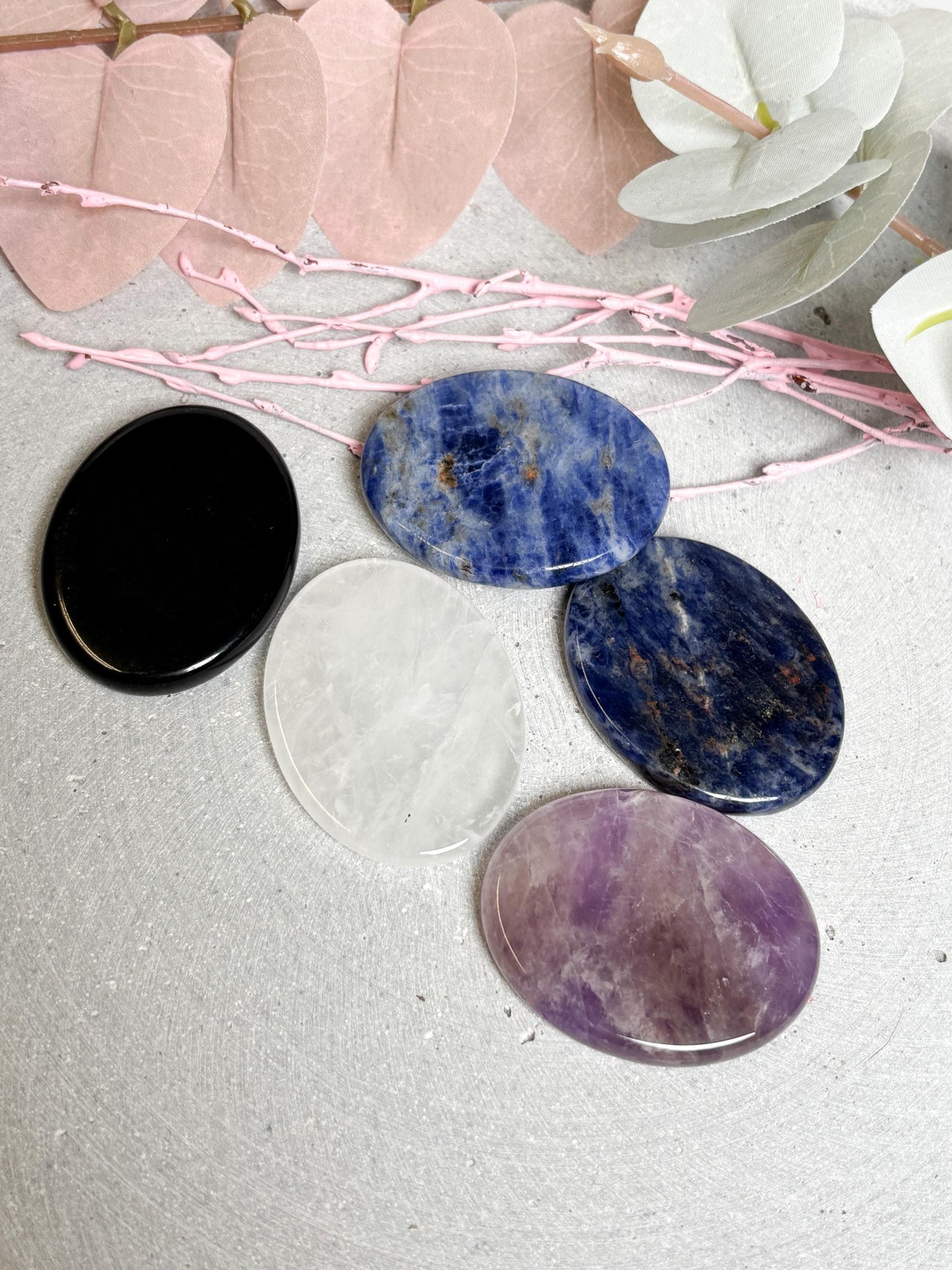 Worry Stones ca. 4,4cm Obsidian, Rosenquarz, Bergkristall, Amethyst, Sodalith | Handschmeichler Edelsteine zur Entspannung & Meditation