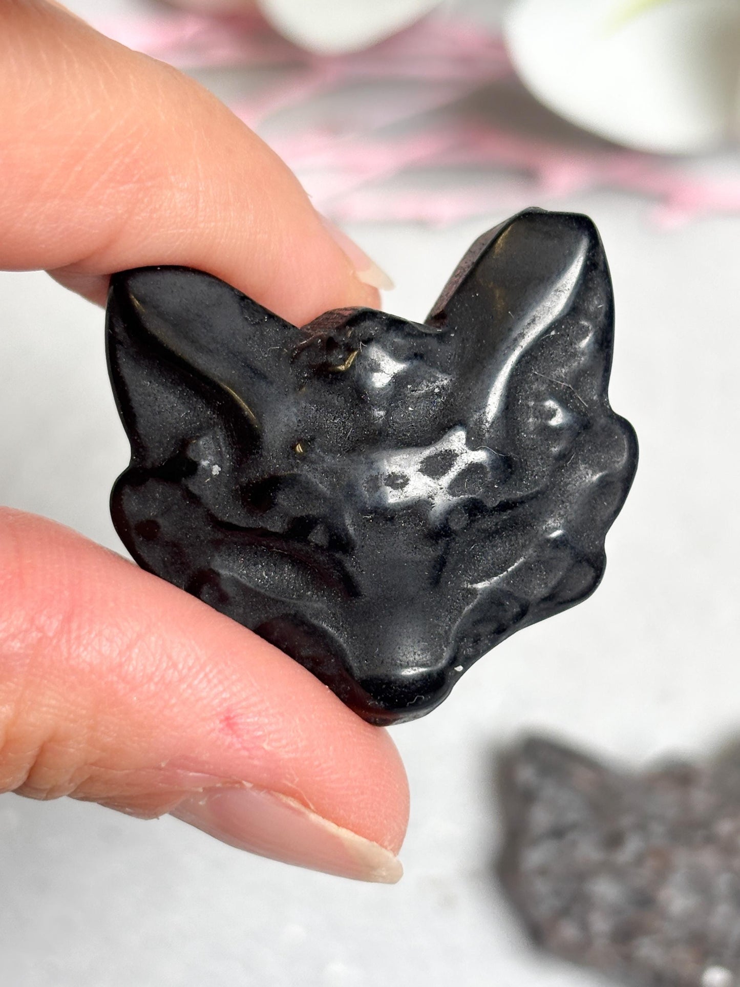Fuchskopf Edelstein Carving Obsidian oder Yooperlite Kristallfigur 3,2 cm, mystische Deko, spirituelles Fuchstotem, Tierfigur Stein