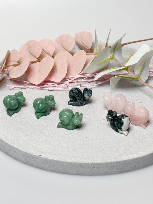 Kristall Schnecke 2,5 cm aus Rosenquarz, Aventurin oder Moosachat  kleine Edelstein Figur Deko Tier