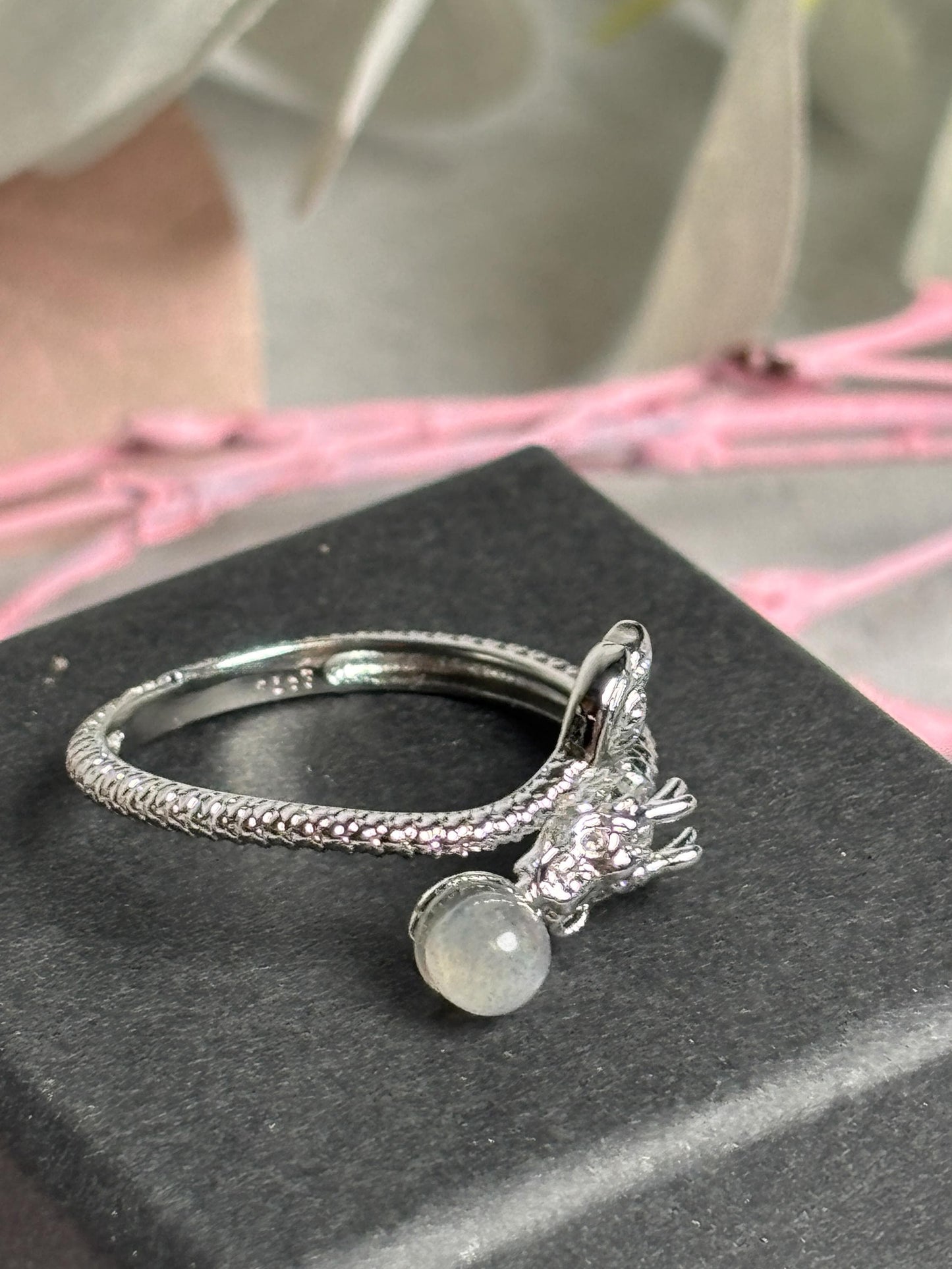 Edelstahl Drachenring größenverstellbar mit Labradorit Kugel Schmuck Ring Kristall Edelstahl