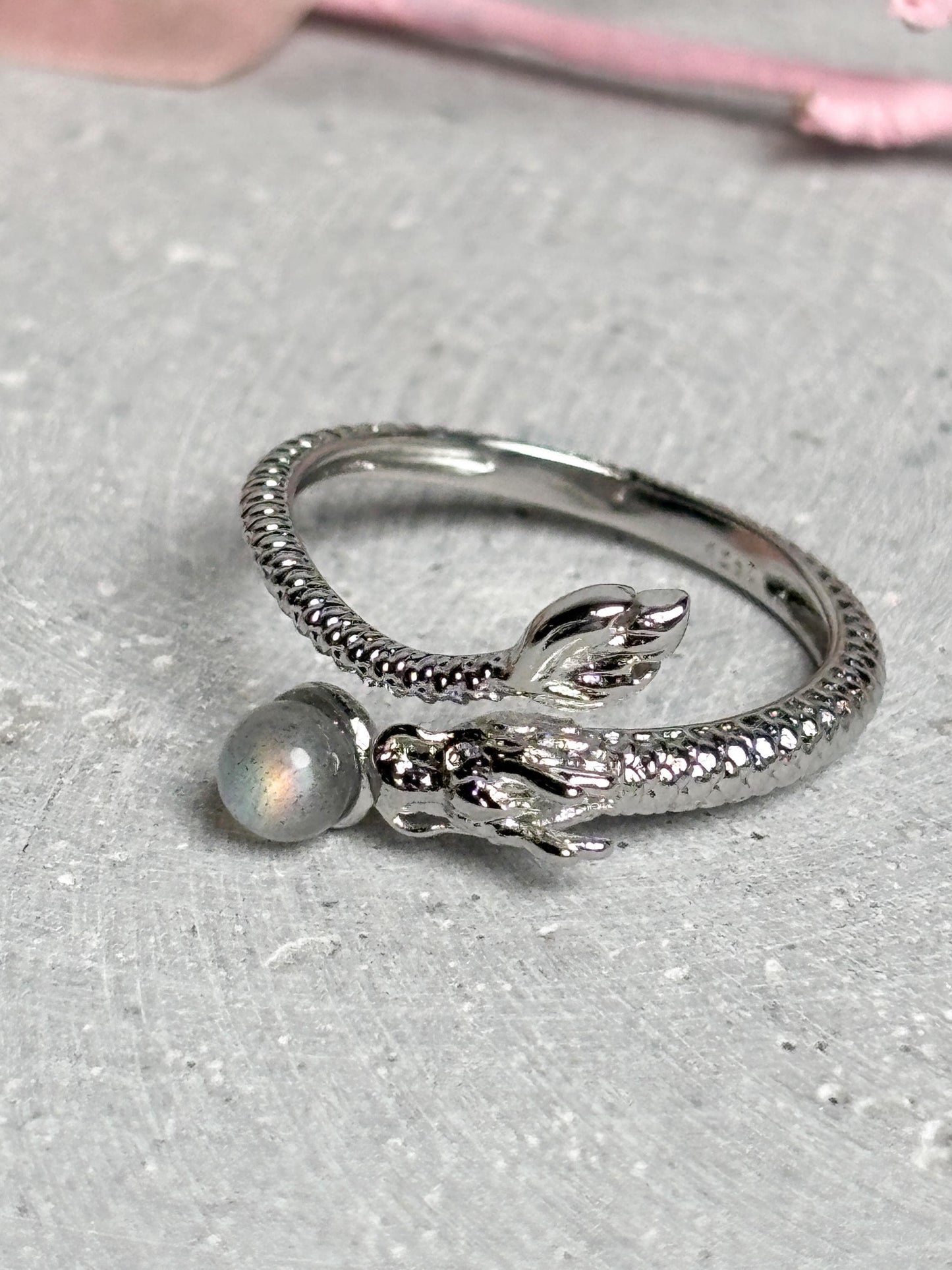 Edelstahl Drachenring größenverstellbar mit Labradorit Kugel Schmuck Ring Kristall Edelstahl