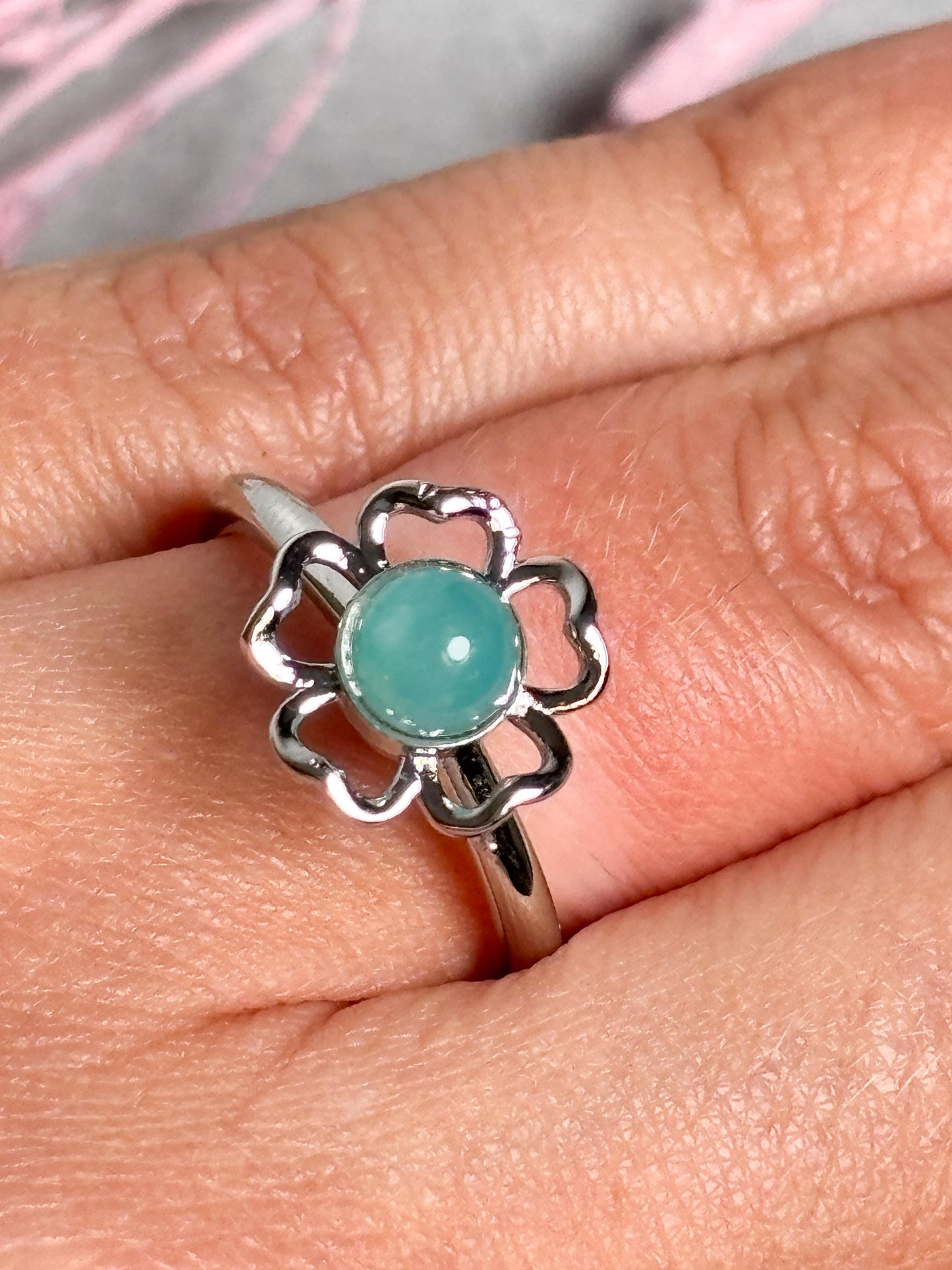 Spinning Ring Edelstahl größenverstellbar mit Amazonit Kugel Blumendesign Damenring Kristall Schmuck