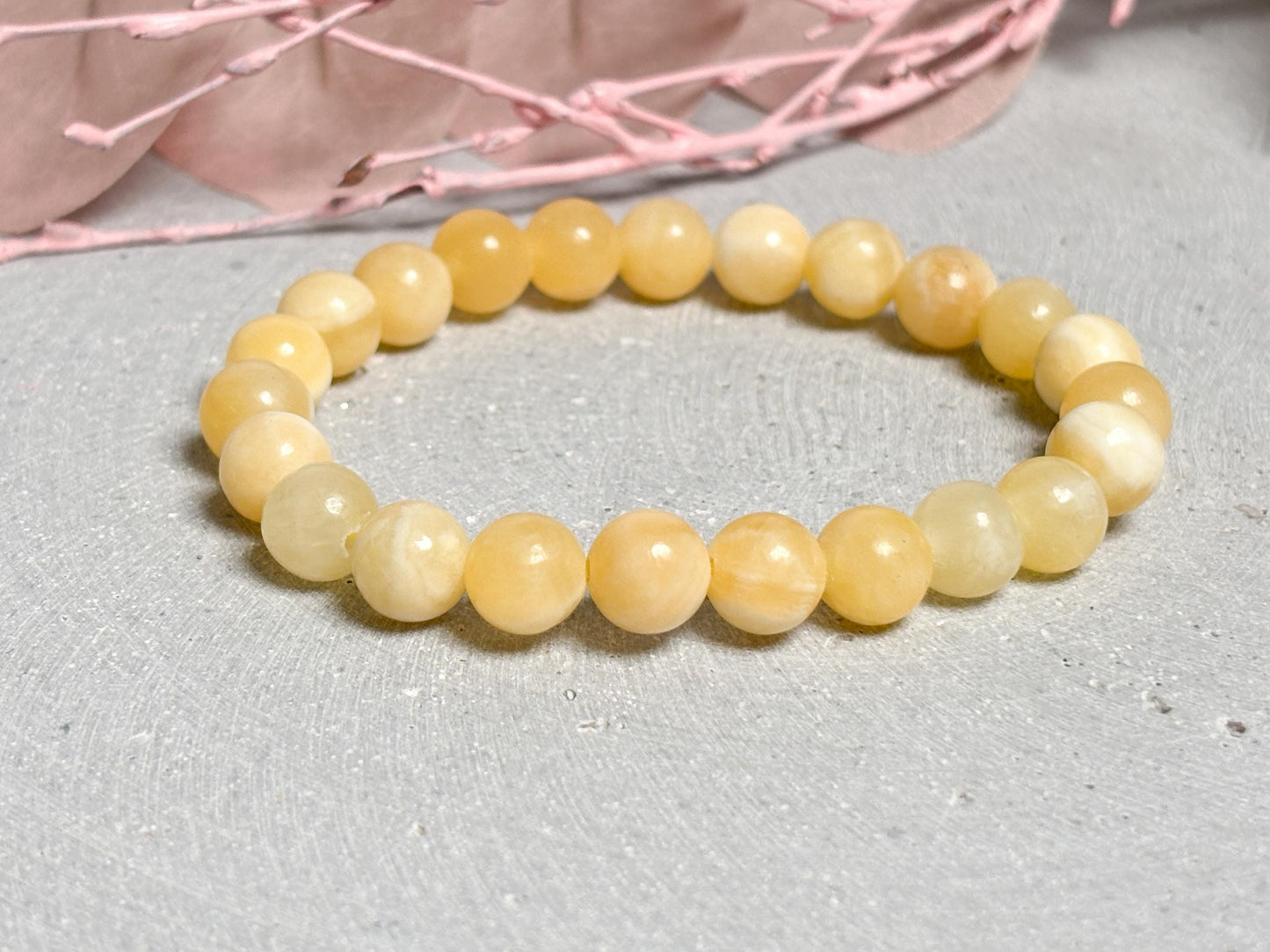 gelber Calcit Armband elastisches Edelstein Armband mit 6 oder 8 mm runden Perlen, Kristall Schmuck, Naturstein