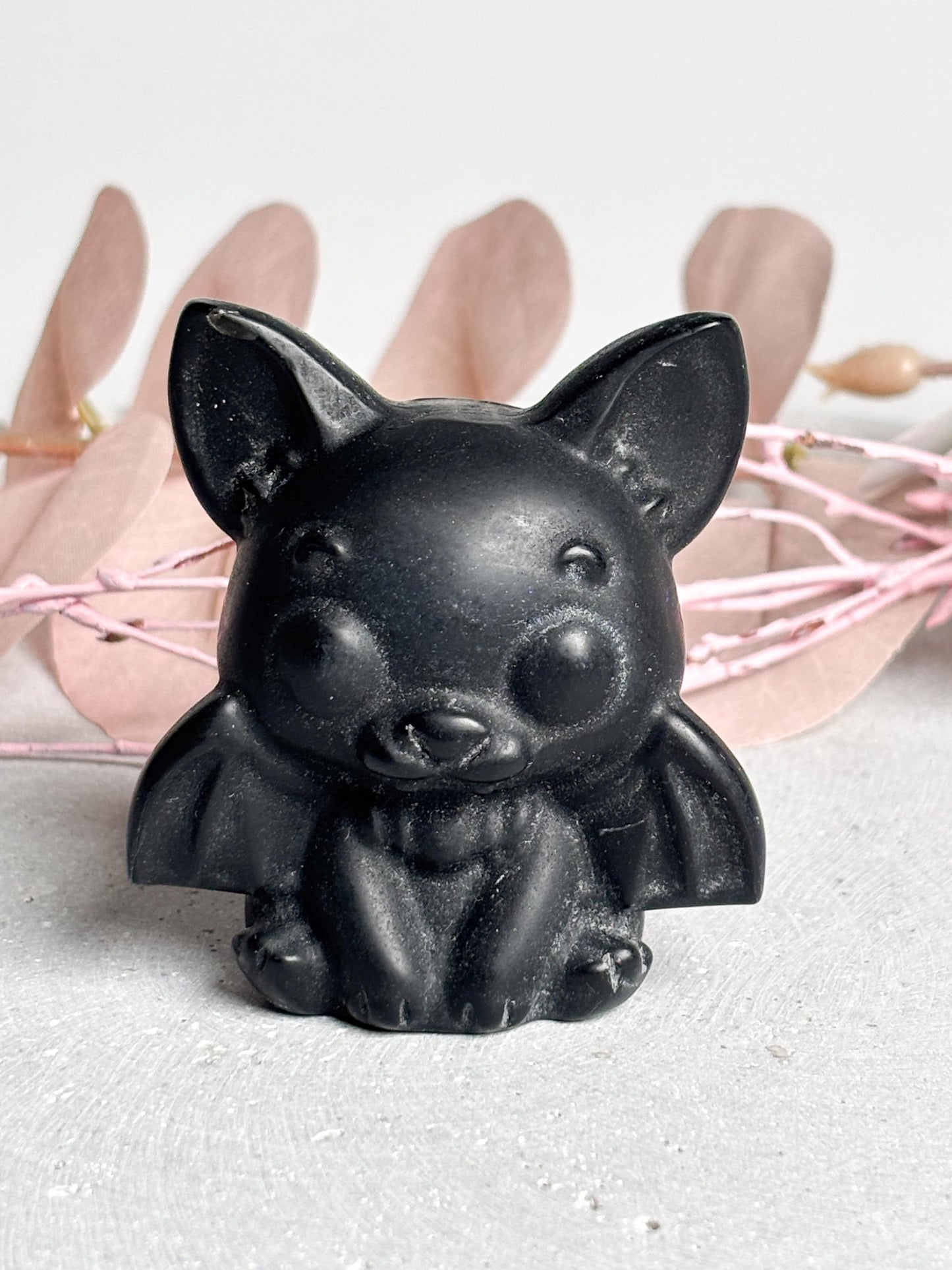 Fledermaus Figur Obsidian schwarz kleine Dekofigur aus Naturstein, poliert, ca. 5,7 cm, Obsidian Fledermaus, Edelsteinfigur, Kristall Deko