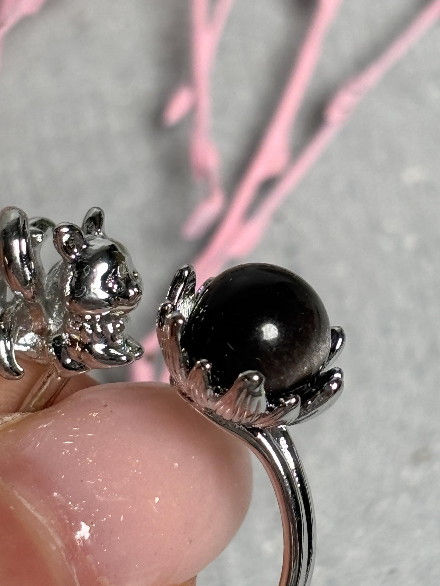 Edelstahl Ring Silber größenverstellbarer Ring mit Silber Obsidian Kugel und Nine Tail Fox Figur, Kristall Schmuck, Edelstein Ring