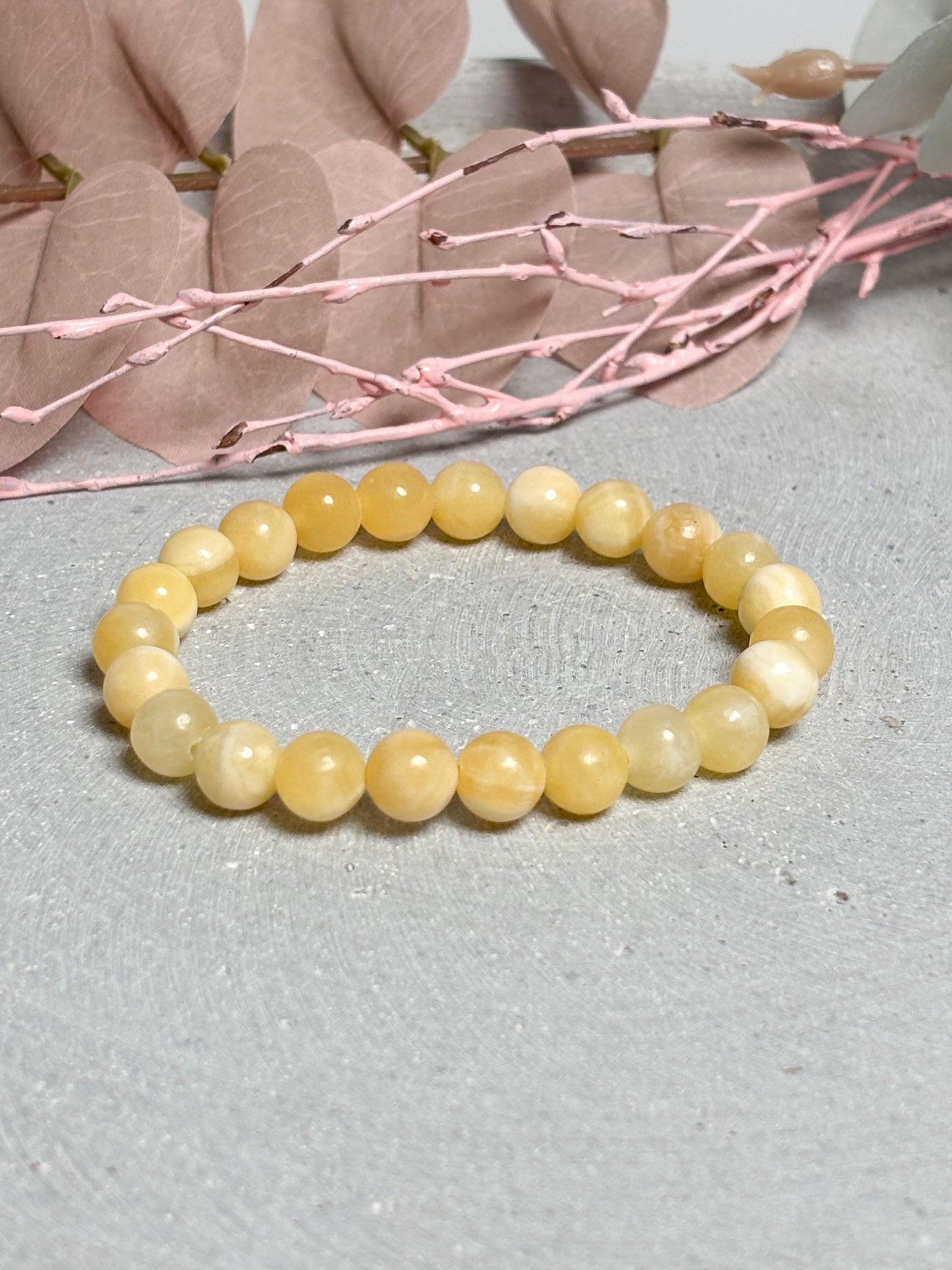 gelber Calcit Armband elastisches Edelstein Armband mit 6 oder 8 mm runden Perlen, Kristall Schmuck, Naturstein