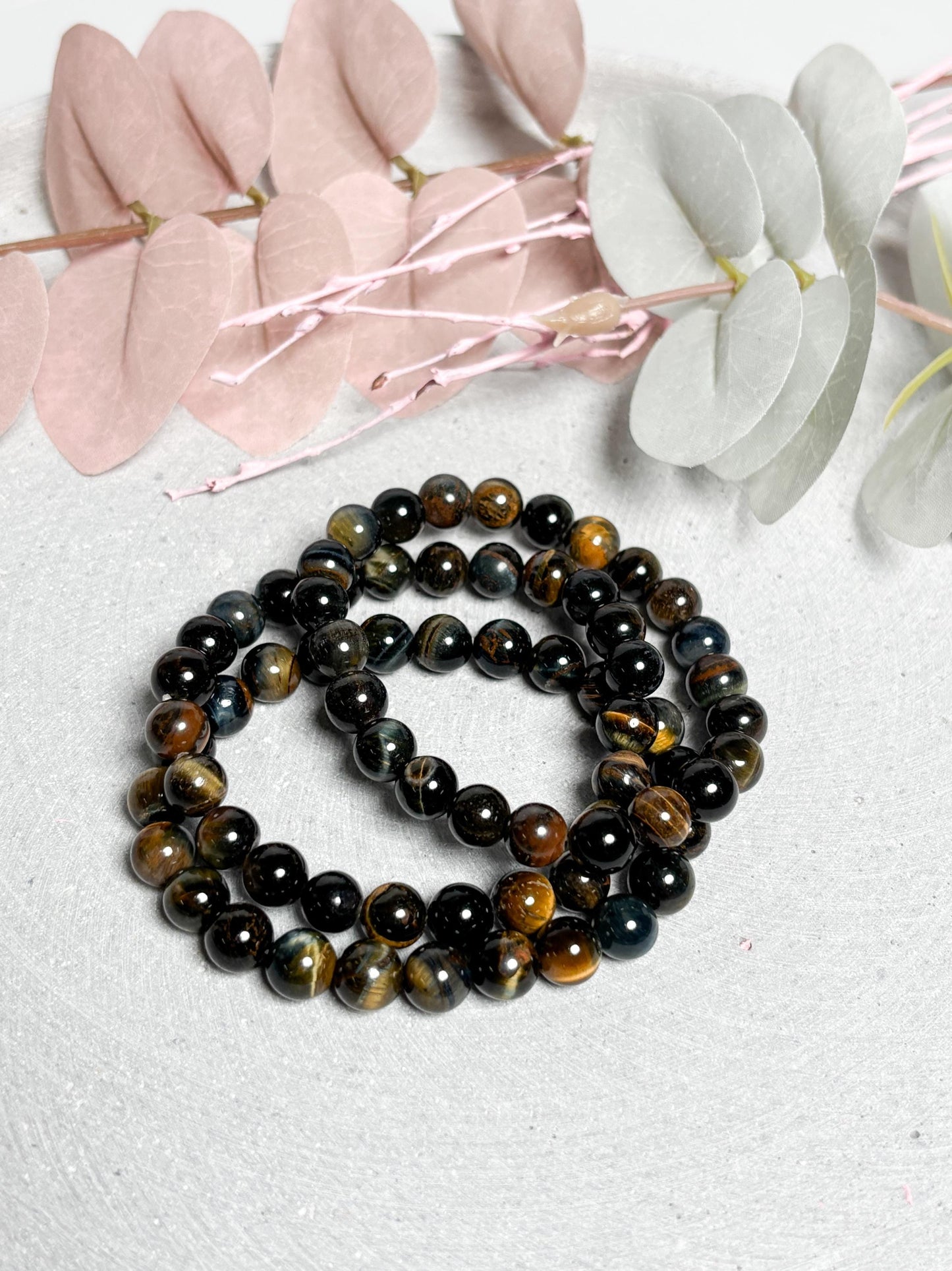 Tigerauge Armband elastisches Perlenarmband ca. 17,5 cm mit 8 mm runden Perlen, Edelstein Schmuck mit schönem Schimmer