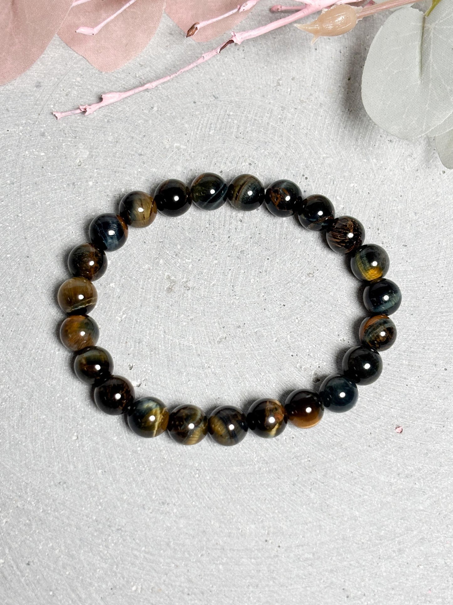Tigerauge Armband elastisches Perlenarmband ca. 17,5 cm mit 8 mm runden Perlen, Edelstein Schmuck mit schönem Schimmer
