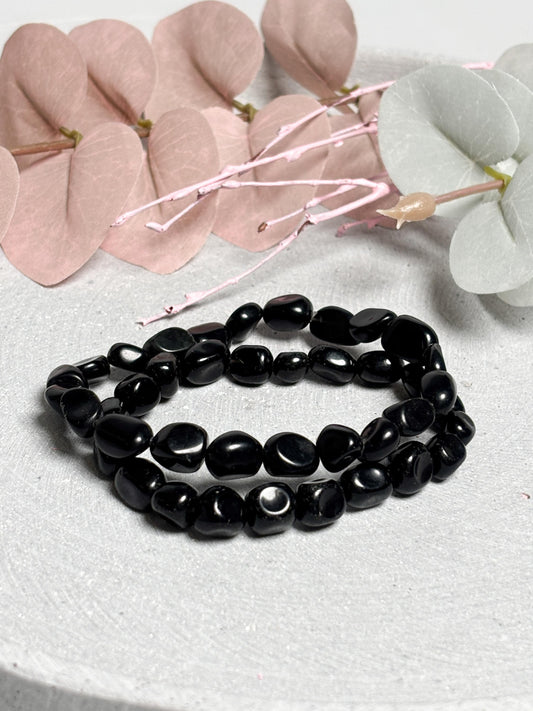 Obsidian Armband  elastisches Perlenarmband ca. 17,5 cm mit 9 mm Nuggets, Edelstein Schmuck in Schwarz mit Glanz
