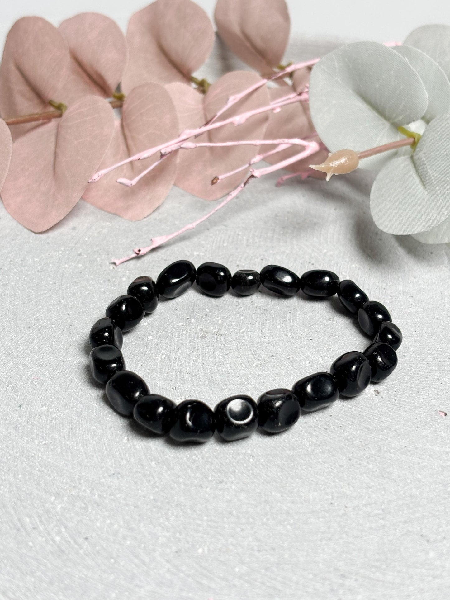 Obsidian Armband elastisches Perlenarmband ca. 17,5 cm mit 9 mm Nuggets, Edelstein Schmuck in Schwarz mit Glanz