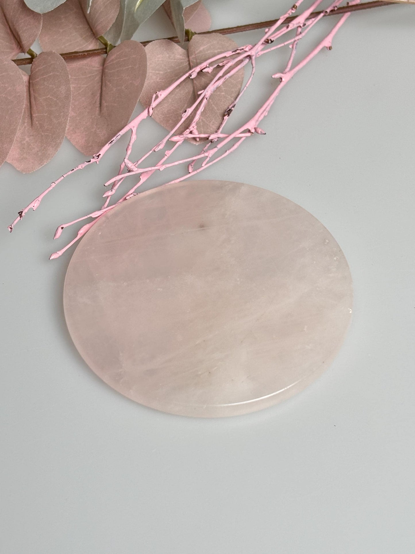 Rosenquarz Untersetzer 9 cm Scheibe, Naturstein Deko Platte rund, Kristall Unterlage
