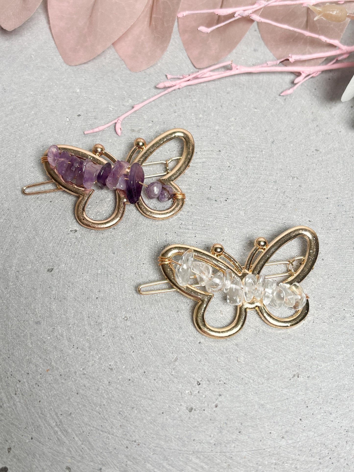 Schmetterling Haarspange goldfarben mit Amethyst oder Bergkristall Kristallsplitter Haarclip ca. 5 x 3 cm
