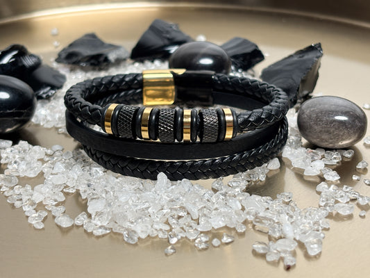 Geflochtenes Lederarmband Herren – Schwarz & Gold, Edelstahl, 3-lagig, 21 cm