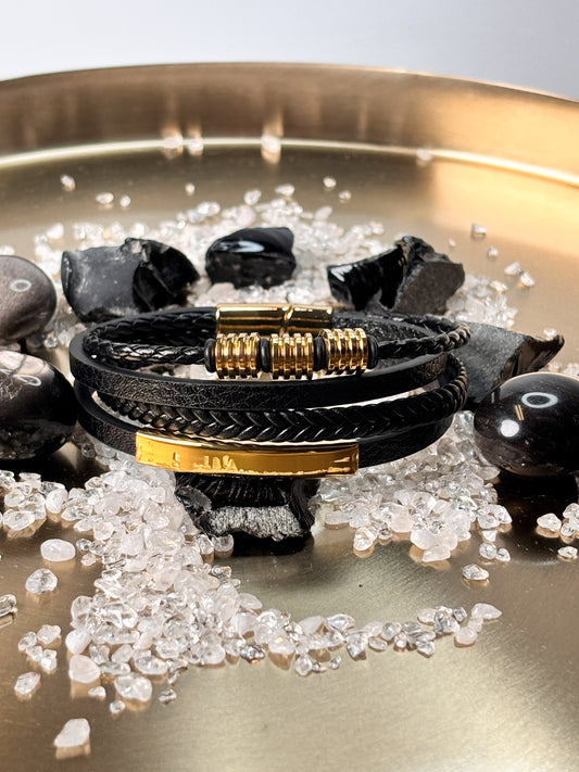 4-reihiges Lederarmband mit vergoldetem Edelstahl – Männerarmband 21 cm, Schnallenverschluss