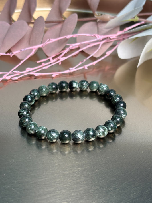 Premium Seraphinite bracelet, elastic, 6mm beads, spiritual energy, high quality gemstones, unique