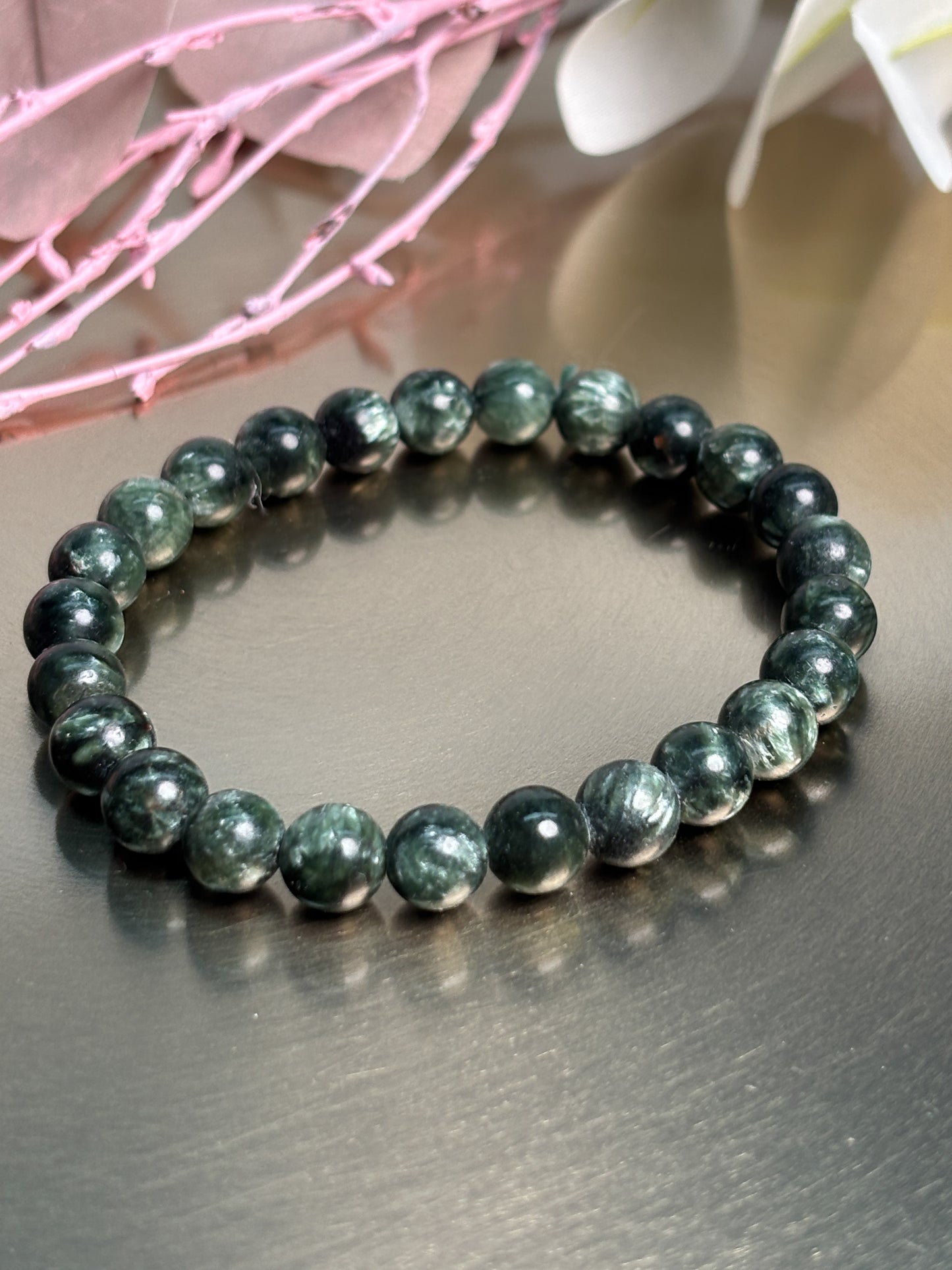 Seraphinit Armband elastisch 7 mm Perlen Naturstein Edelsteinarmband grün schimmernd hochwertig