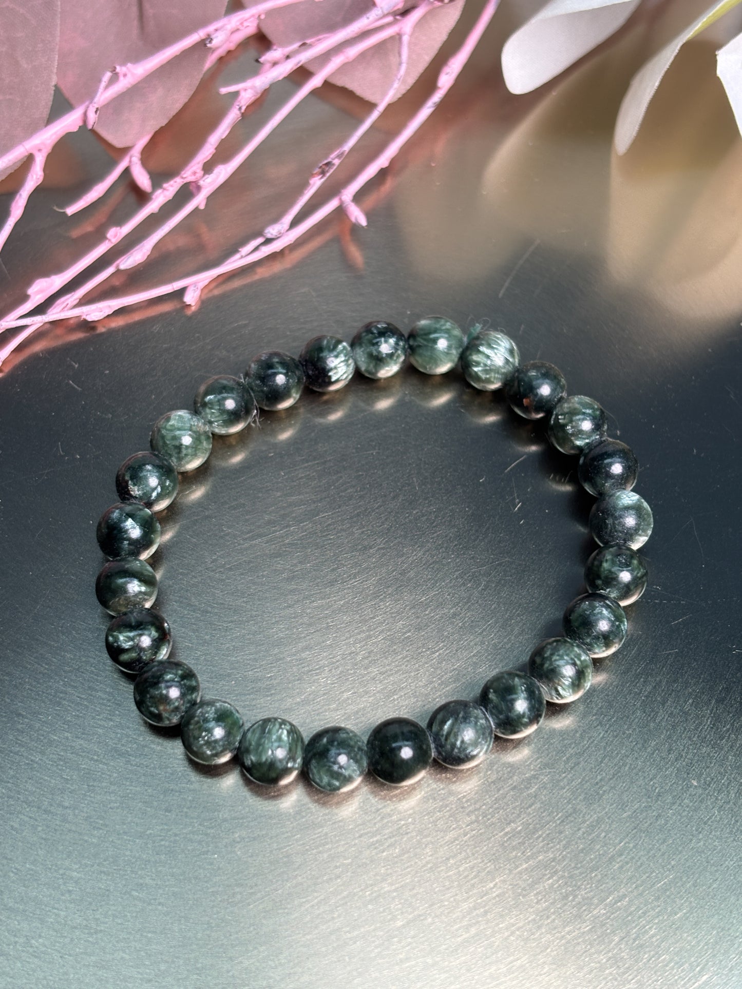 Seraphinit Armband elastisch 7 mm Perlen Naturstein Edelsteinarmband grün schimmernd hochwertig