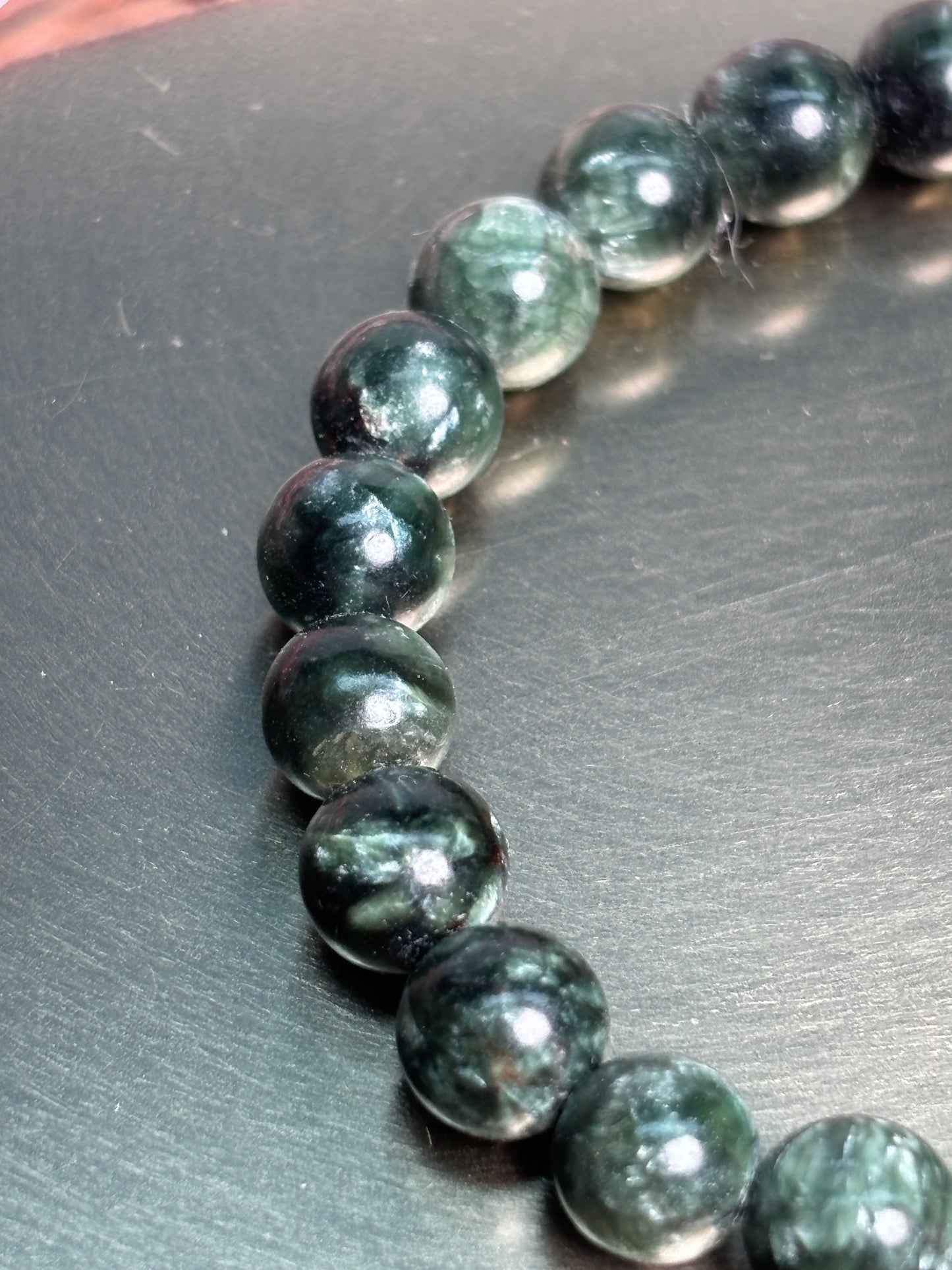 Seraphinit Armband elastisch 7 mm Perlen Naturstein Edelsteinarmband grün schimmernd hochwertig
