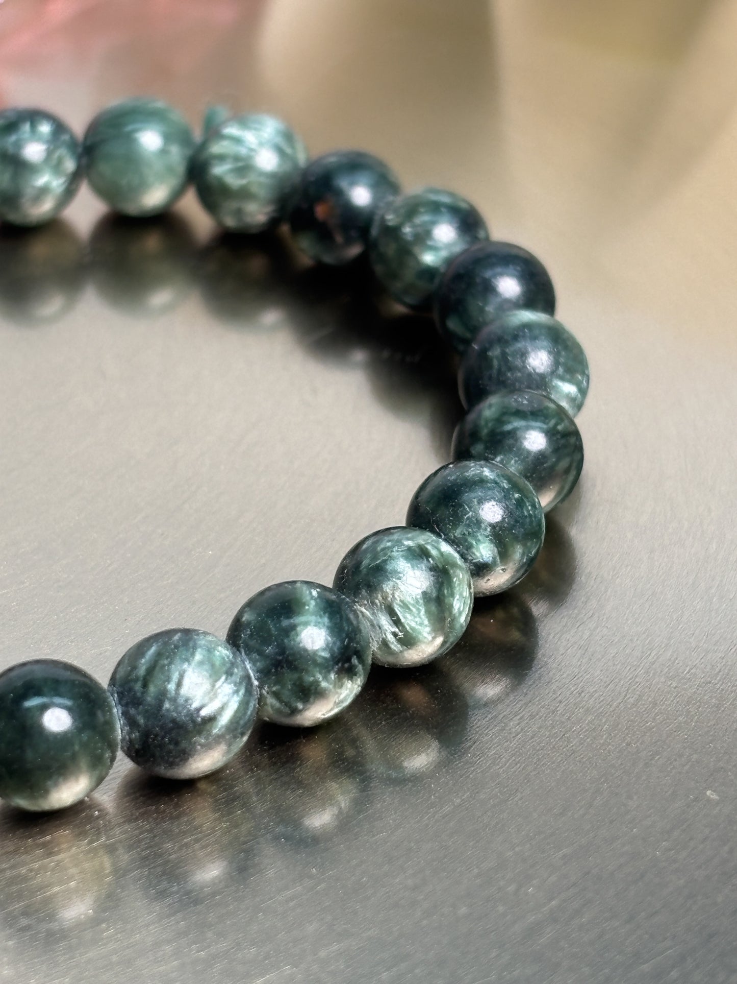 Seraphinit Armband elastisch 7 mm Perlen Naturstein Edelsteinarmband grün schimmernd hochwertig