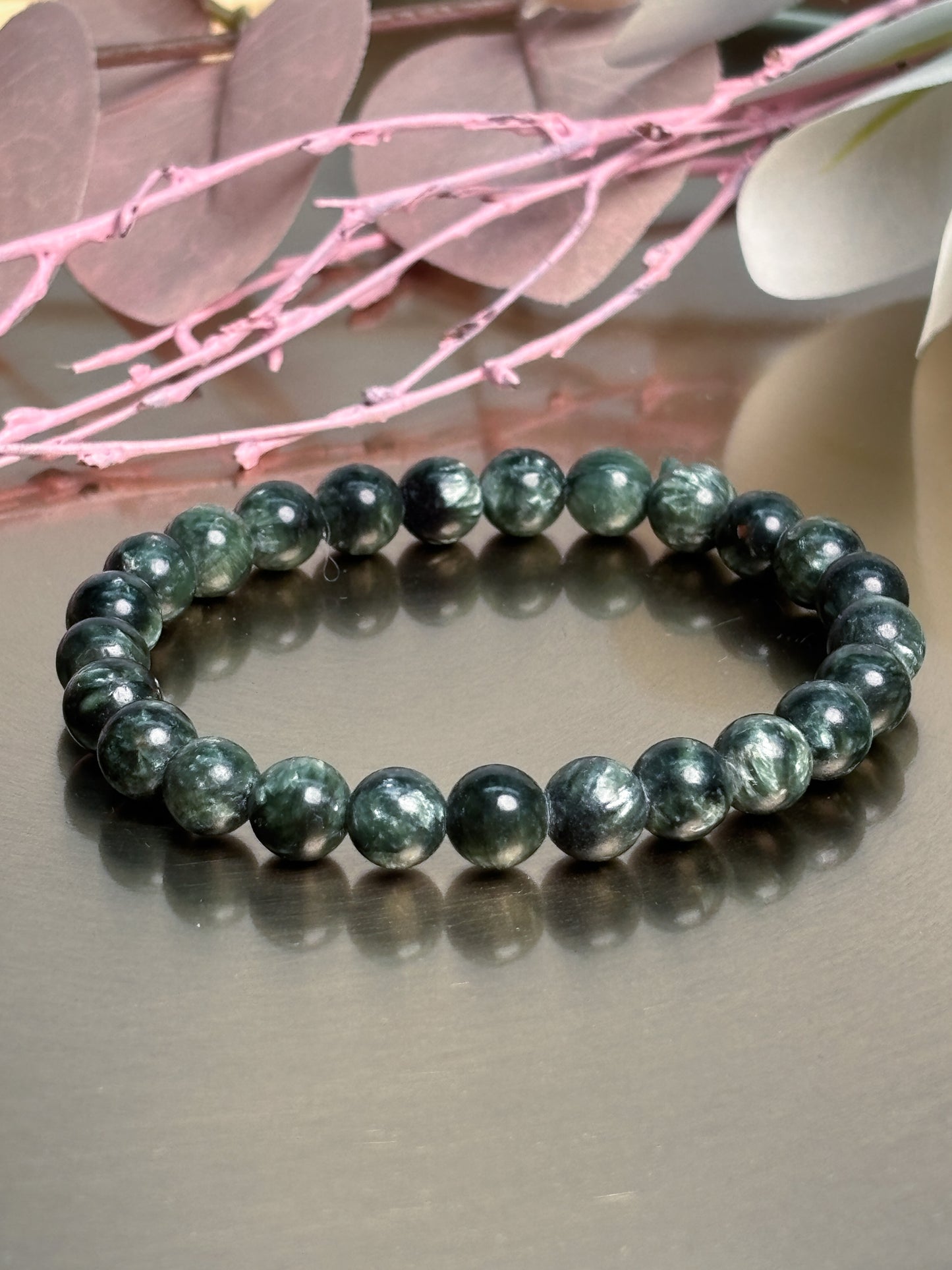 Seraphinit Armband elastisch 7 mm Perlen Naturstein Edelsteinarmband grün schimmernd hochwertig