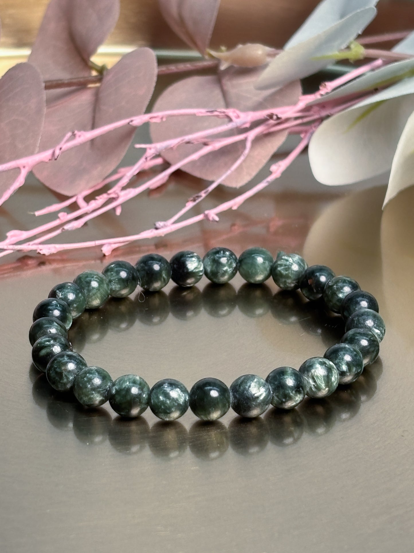 Seraphinit Armband elastisch 7 mm Perlen Naturstein Edelsteinarmband grün schimmernd hochwertig