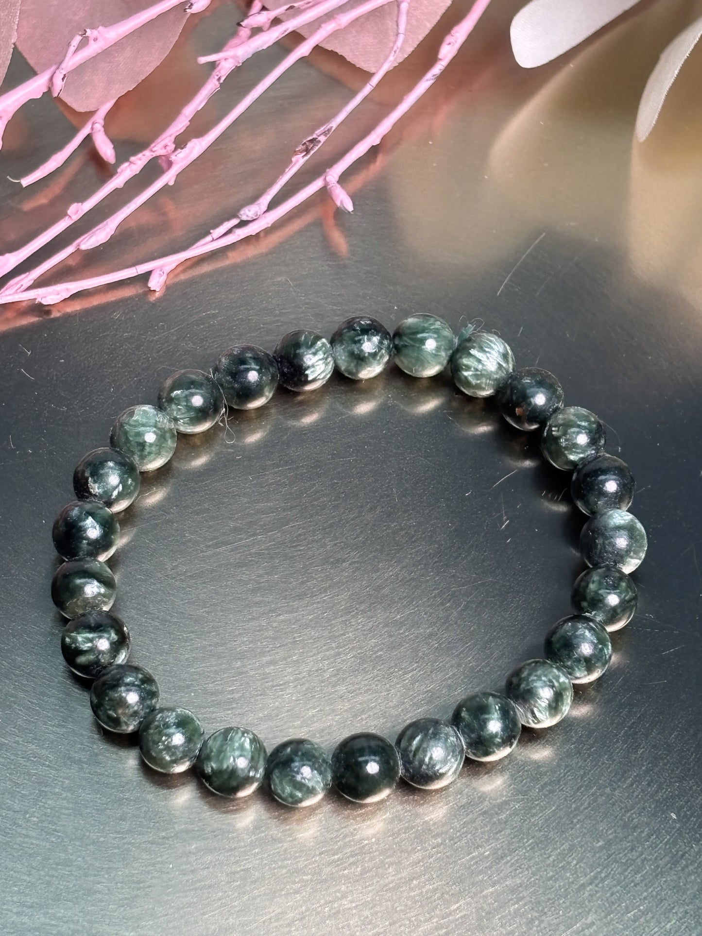 Seraphinit Armband elastisch 7 mm Perlen Naturstein Edelsteinarmband grün schimmernd hochwertig