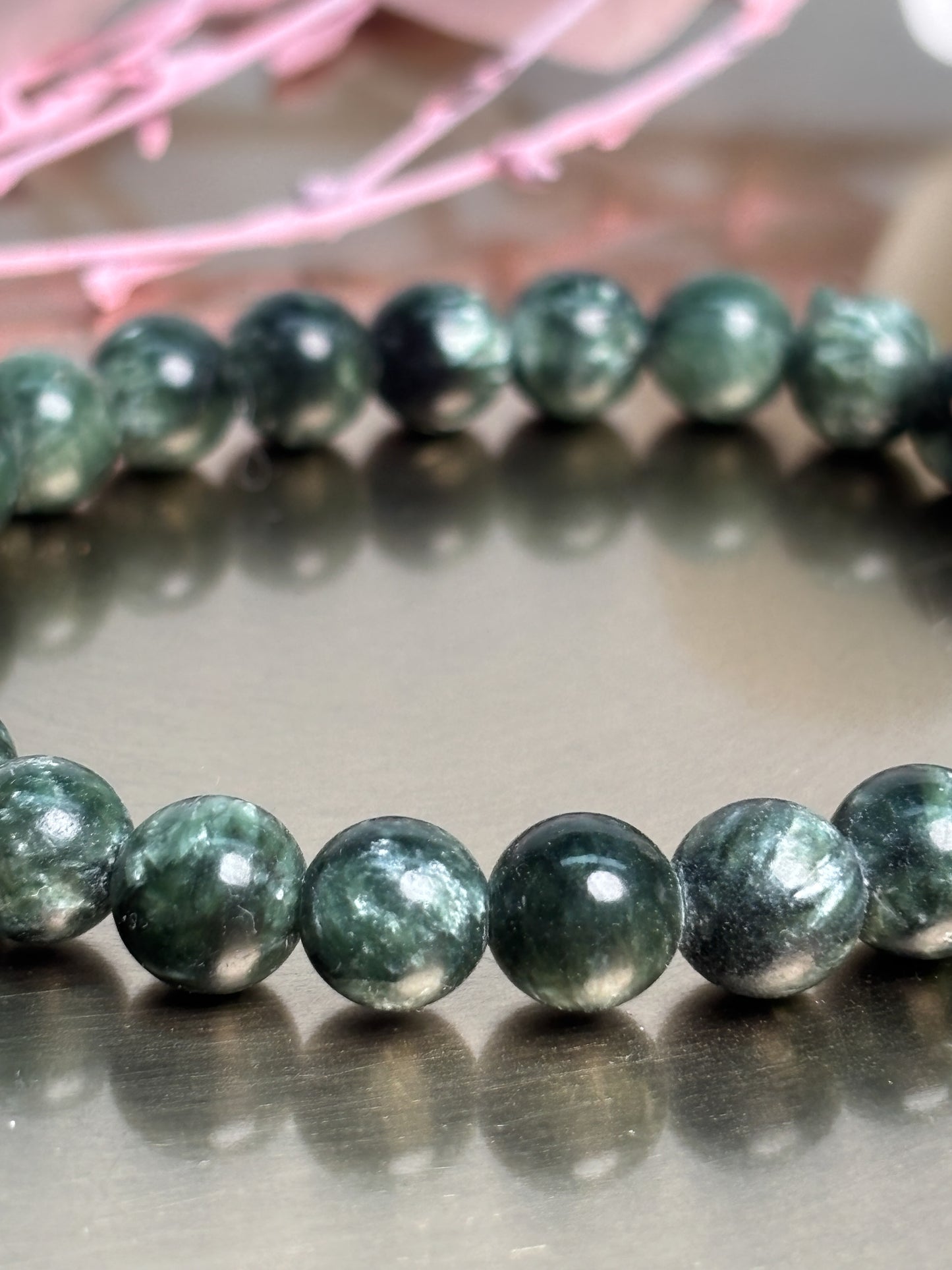 Seraphinit Armband elastisch 7 mm Perlen Naturstein Edelsteinarmband grün schimmernd hochwertig