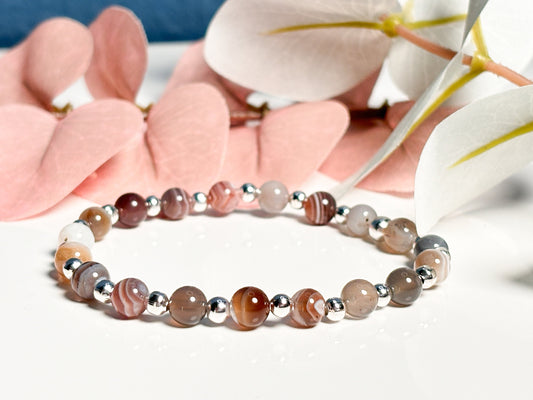 Elastic Botswana Agate Bead Bracelet, Natural Stone Jewelry, Handmade Bracelet, Gift Idea, Protective Stone Bracelet