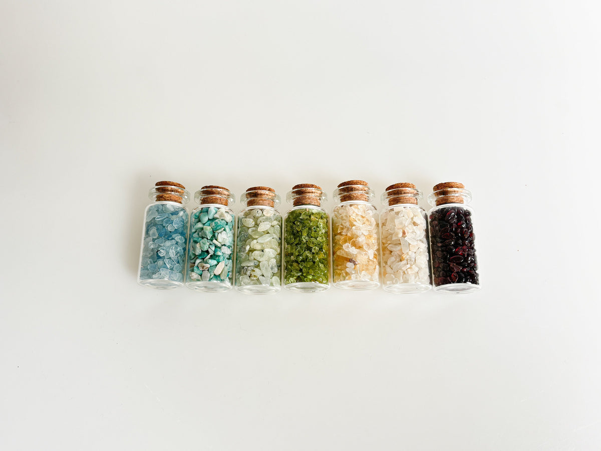 Crystal Confetti | Gemstone Glass Bottles | Crystal Jars | Gemstone Crystal Bottles | Reiki Crystals | Chakra Crystals