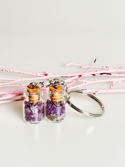 Keyring with amethyst shards in small jars| Wish bottle| Gemstone| Healing stone