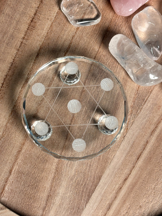 Ball holder glass plate for 7 small balls - 7.7cm diameter, 0.9mm thickness - Perfect for crystal grid &amp; decoration