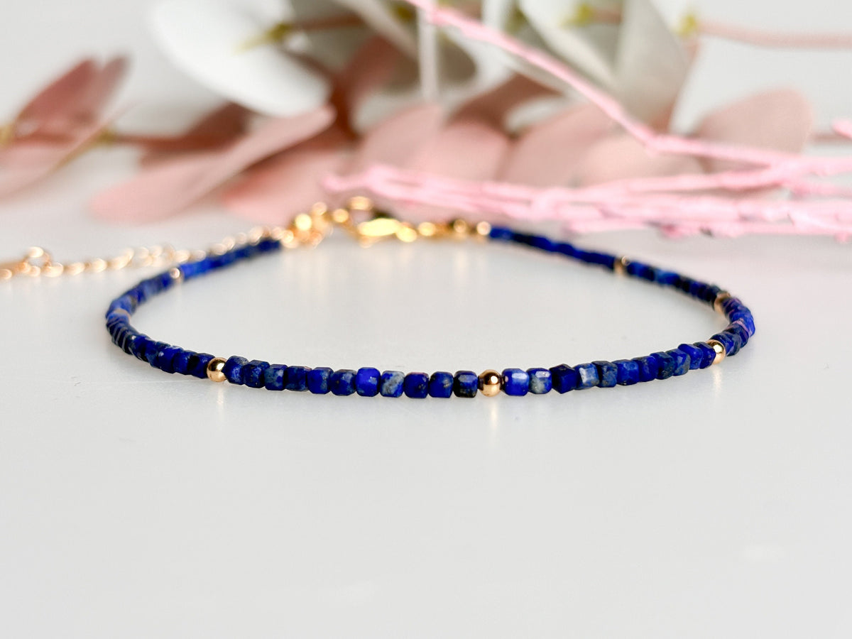 Delicate lapis lazuli bracelet or anklet with 2mm cube beads – handmade gemstone jewelry