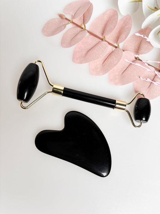 Luxuriöses Geschenkset: Schwarzer Obsidian Gua Sha und Gesichtsmassageroller – Wellness & Schönheit für strahlende Haut