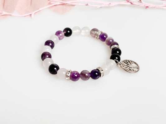 Elastisches Perlenarmband 8mm: Amethyst, Fluorit & Bergkristall – Handgemachtes Chakra Schmuckstück, Heilsteine, Boho Stil