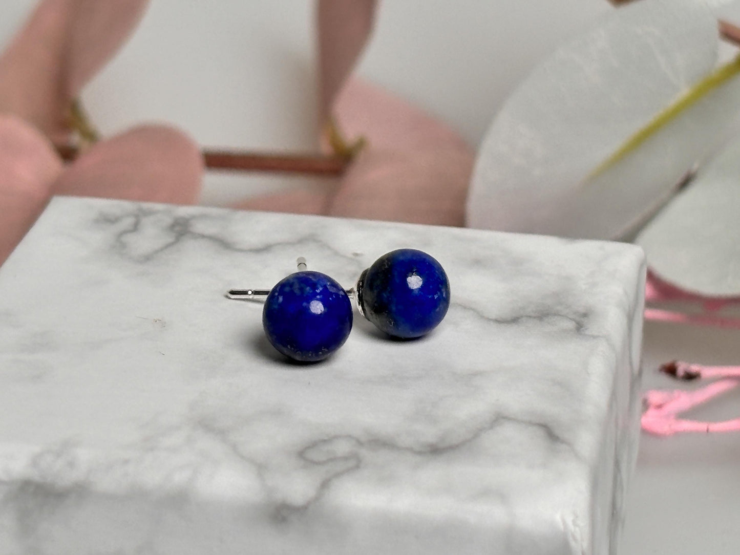 Lapislazuli Perlen Ohrstecker 6mm  Edle Naturstein Ohrringe mit 925 Silberstecker, Heilstein Schmuck