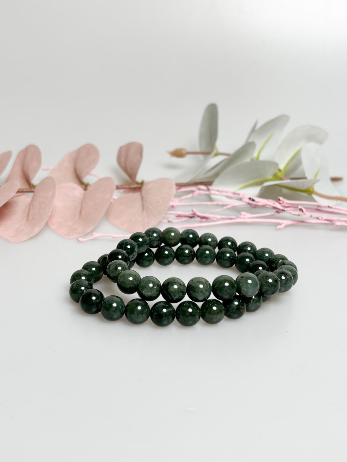 Grüner Rutilquarz Perlenarmband 9mm  Elastisches Edelstein Armband 17,5cm  Schutzstein Schmuck  Geschenkidee