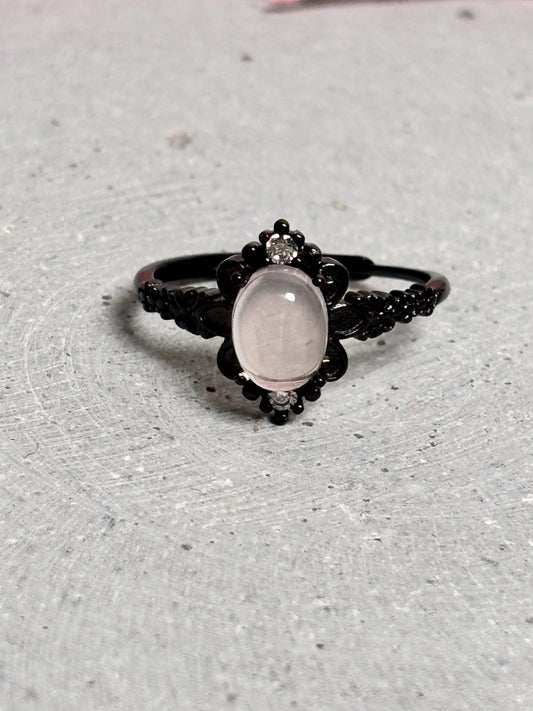 Schwarzer Retro-Ring 925 Silber mit Rosenquarz  Größenverstellbarer Vintage Schmuck für Damen