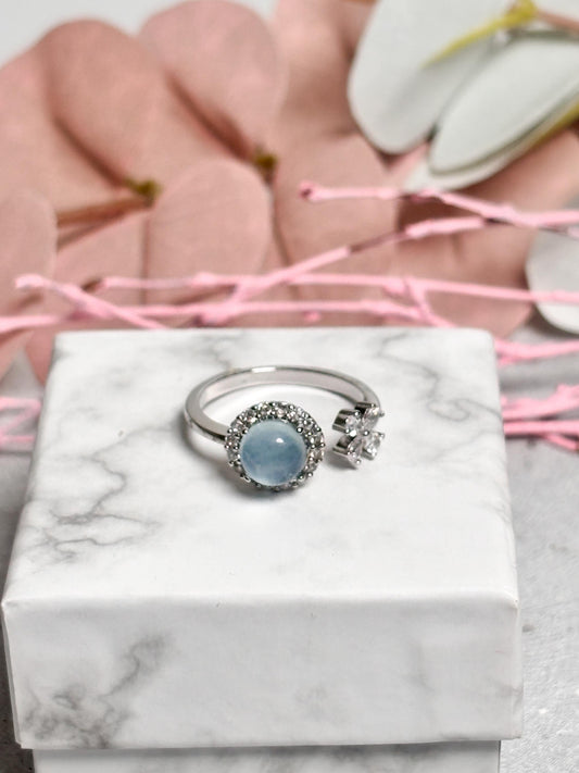 Verstellbarer Edelstahl Ring mit Aquamarin und Blume  Offener Ring mit rundem Edelstein  Größenverstellbarer Damenring