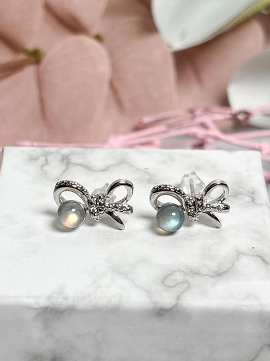 925 Silber Ohrstecker mit Labradorit  Schleifchen Ohrringe | Edelstein Kugel  Geschenkidee für Frauen