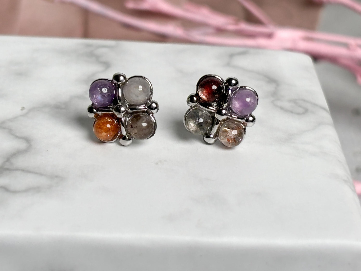 925 Silber Ohrstecker Blumendesign mit Kristallperlen  Amethyst, Labradorit, Gartenquarz & Feuerquarz