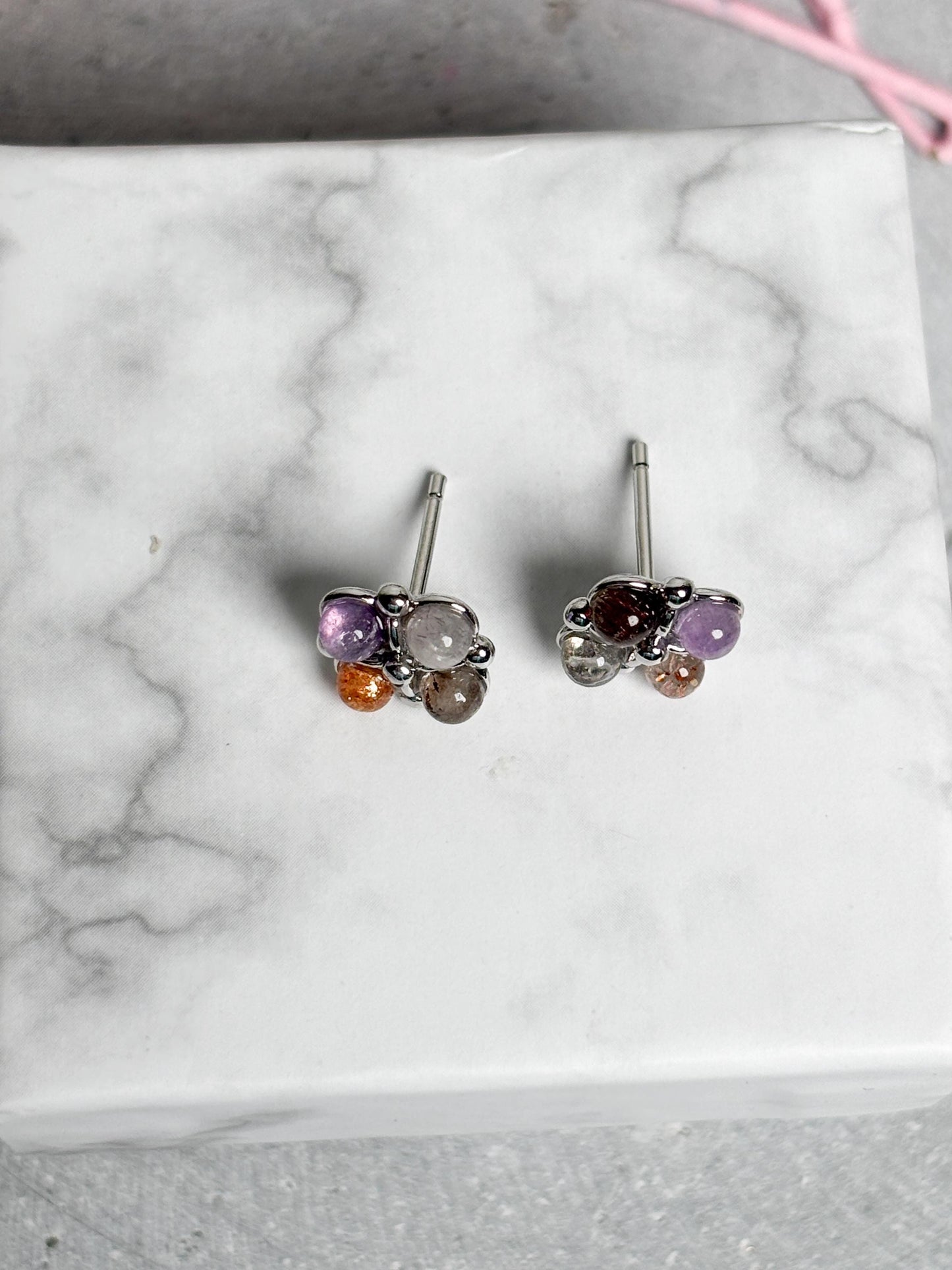 925 Silber Ohrstecker Blumendesign mit Kristallperlen  Amethyst, Labradorit, Gartenquarz & Feuerquarz
